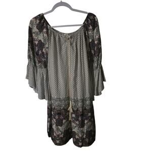 Umgee Blue Cream Paisley Dress Keyhole Neckline Bell Sleeve